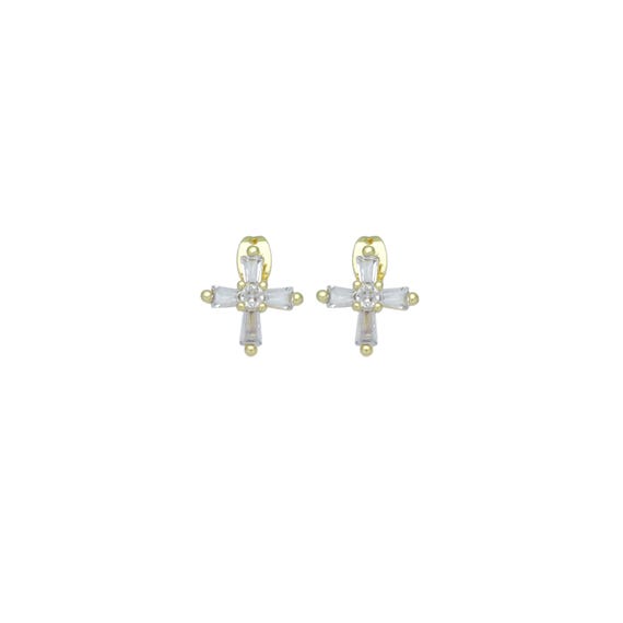 Baguette Cz Gold Cross Stud Earrings, Sku#Ld656