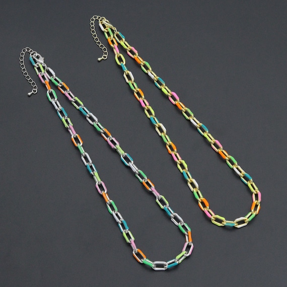 Gold / Silver Colorful Enamel Rectangle Link Chain Necklace, sku#EF778