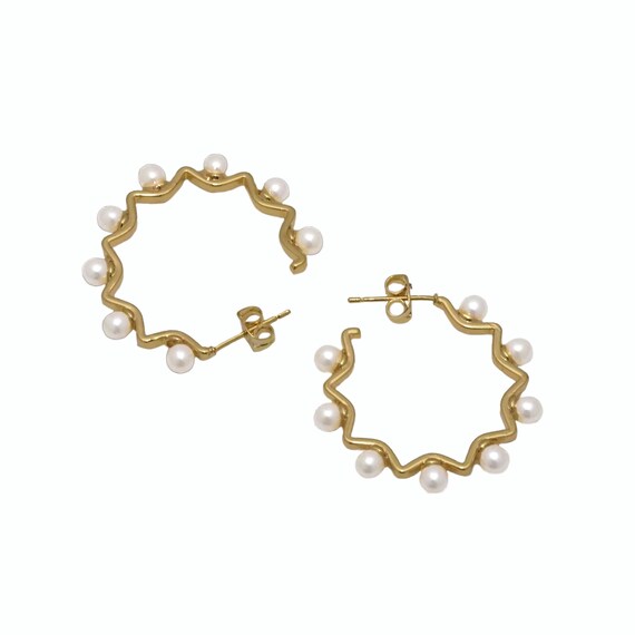 Cz Pearl Hoop Stud Earrings, Sku#Ld382