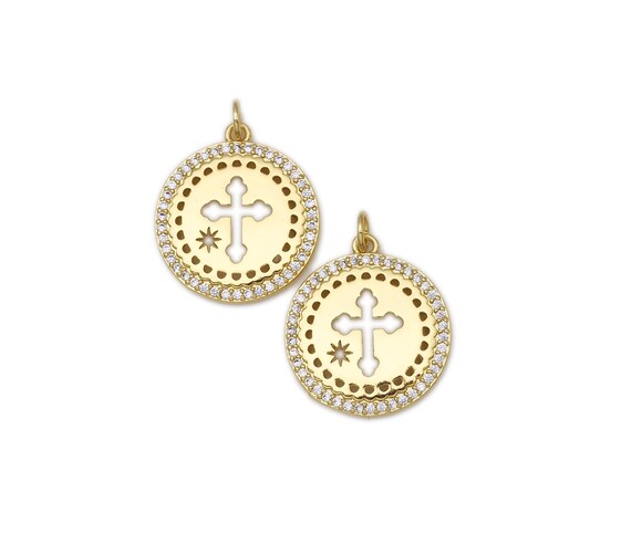 Cz Micro Pave Hollow Out Cross On Round Shape Pendant,18K Gold Filled Medallion Charm, Necklace Bracelet Charm Pendant, 23X20Mm,Sku#Lk416