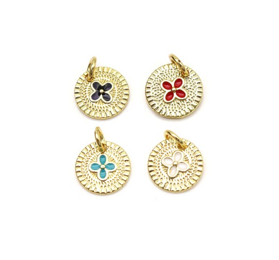 Cute Enamel Clover On Round Coin Shape Pendant, 18K Gold Filled Clover Charm, Necklace Bracelet Charm Pendant,Sku#Z1419