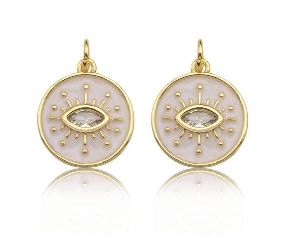 Enamel White Enamel Evil Eye On Round Coin Charm, Sku#Y434