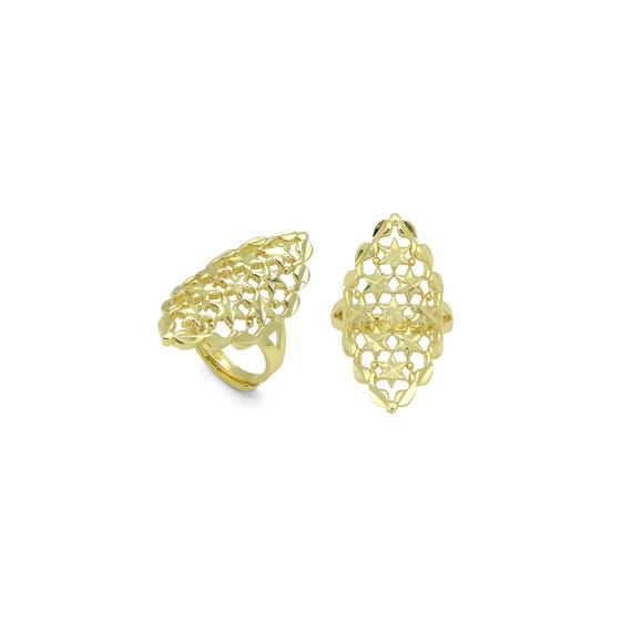 Gold Filigree Flower Patten Statement Adjustable Ring, Sku#LD657