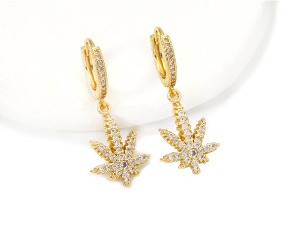 Cz Gold Marijuana Leaf Hoop Earrings, Sku#Ef252