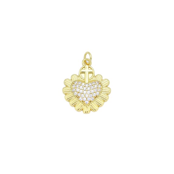 Clear Cz Gold Cross Heart Sunflower Charm Pendant, Sku#Y981