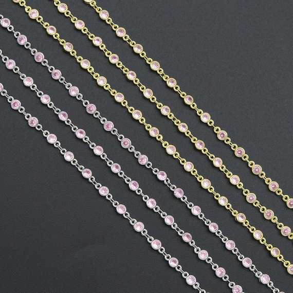 High Quality 1 Foot/Yard-Pink CZ Beaded Chain-4mm Cubic Zironia Bezel Chain, sku#A516