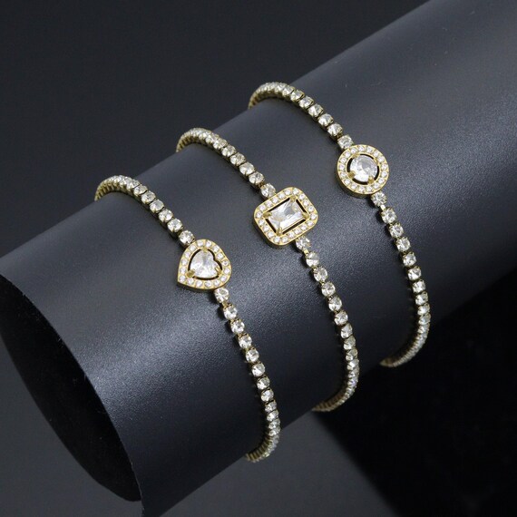 Tennis Chain Bracelet with Heart Rectangle Round CZ Bracelet, Sku#BXG21