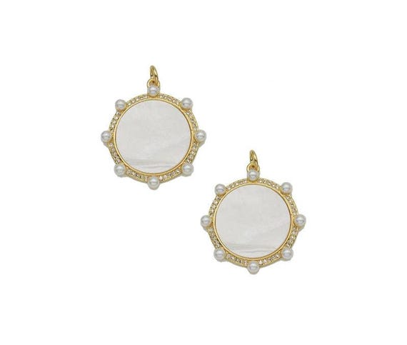 CZ Gold Mother of Pearl Round Charm, Sku#LX128