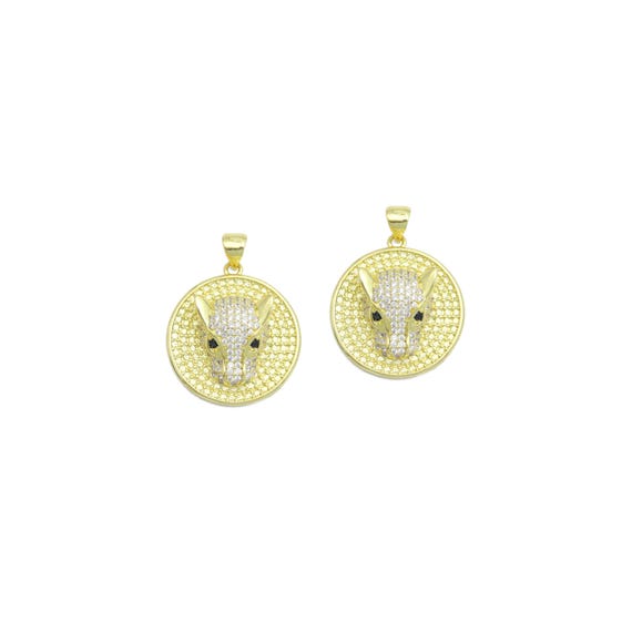 Clear Cz Gold Leopard Head Round Coin Charm Pendant,Sku#Lx863