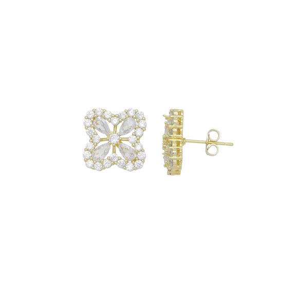 Clear Cz Crystal Gold Flower Stud Earrings, Sku#Lx714