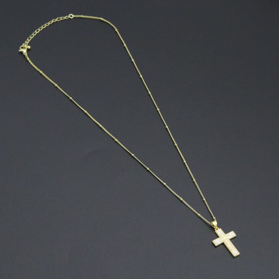Gold Link Chain Enamel Cross Pendant Adjustable Necklace, Sku#Ef718