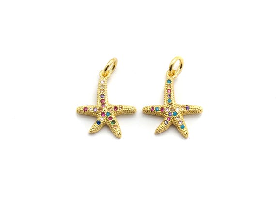 Cz Colorful Micro Pave Starfish Pendant, Starfish Ar Shaped Pave Pendant, Gold Plated, 13X15Mm, Sku#F686