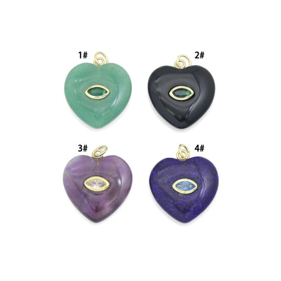 Natural Gemstone Heart with Evil Eye Charm Pendant, Sku#Y1077
