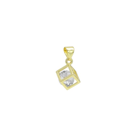 Clear Cz Gold Diamond Cube Cage Charm Pendant, Sku#Lk1079