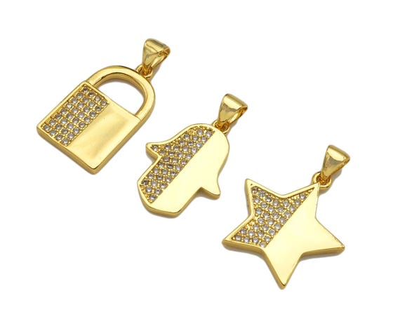 Cz Micro Pave Lock|Hamsa Hand|Five Star Pendant,Half Cz Medallion Charm, Necklace Bracelet Charm Pendant,13X22|18X20|15X21Mm, Sku#Lk245