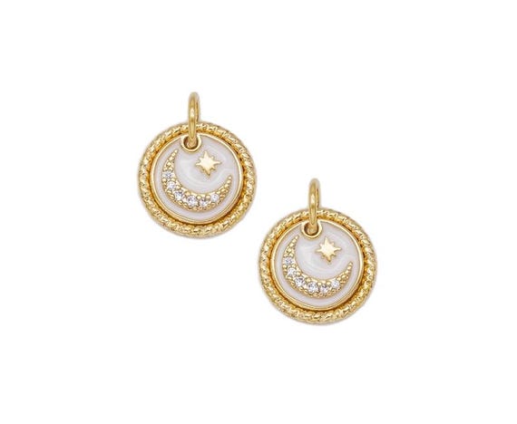 White Enamel Moon Star On Round Charm, Sku#Cp42