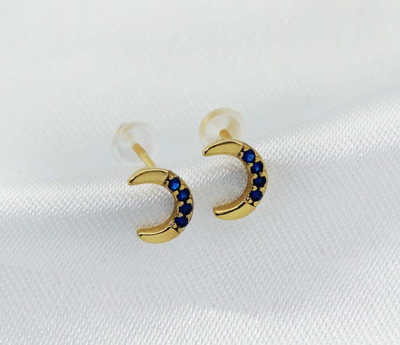 Cobalt Cz Crescent Moon Stud Earrings, Sku#Fh197
