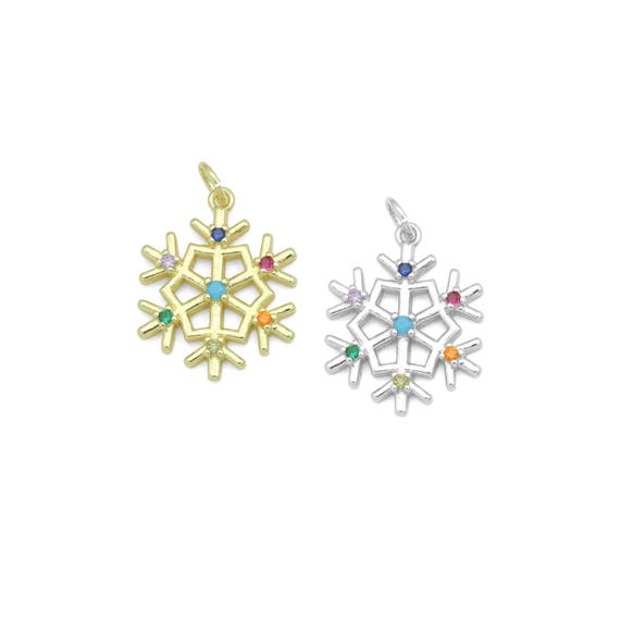 Colorful CZ Gold Silver Snowflake Charm Pendant, Sku#LX971