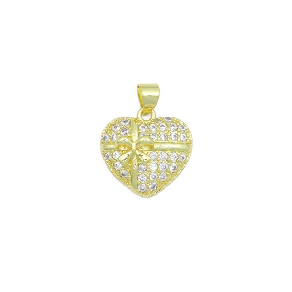 Clear Cz Gold Bow Ribbon Heart Charm Pendant, Sku#Lk1139