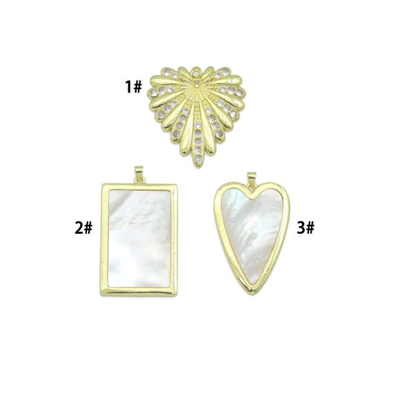 Large Mopther of Pearl Heart Rectangle Shape Charm Pendant, CZ Leaf pendant, Sku#LK1286