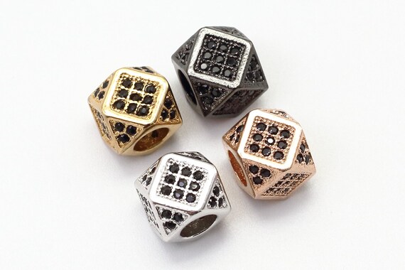Cz Micro Pave Big Hole Multi Sided Cubic Square Beads, Hex Cubic Zirconia Spacer, Black|Gold|Silver Men'S Jewelry Findings,7X9Mm, Sku#G119