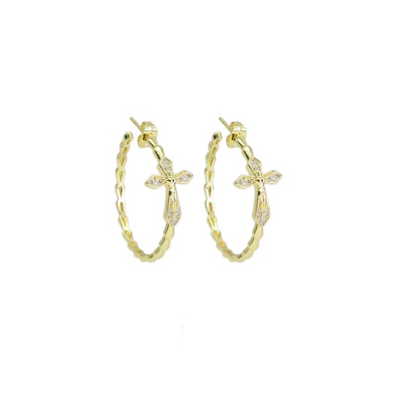 Clear Cz Gold Cross Hoop Earrings, Sku#Ld523
