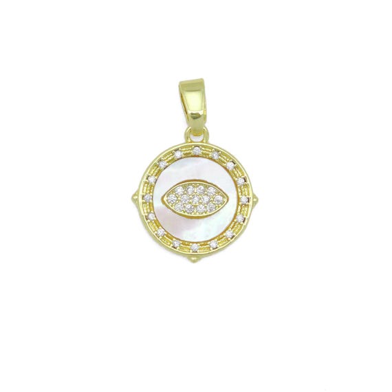 Mother Of Pearl Evil Eye On Round Coin Charm Pendant, Sku#Lx759