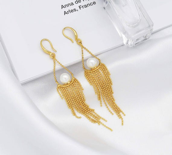 Gold Chandelier Pearl  Earrings, Sku#Zx75