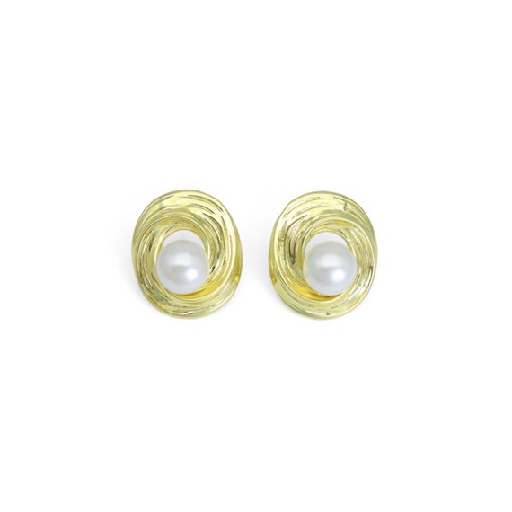 Gold White Pearl Swirl Stud Earrings, Sku#Lx783