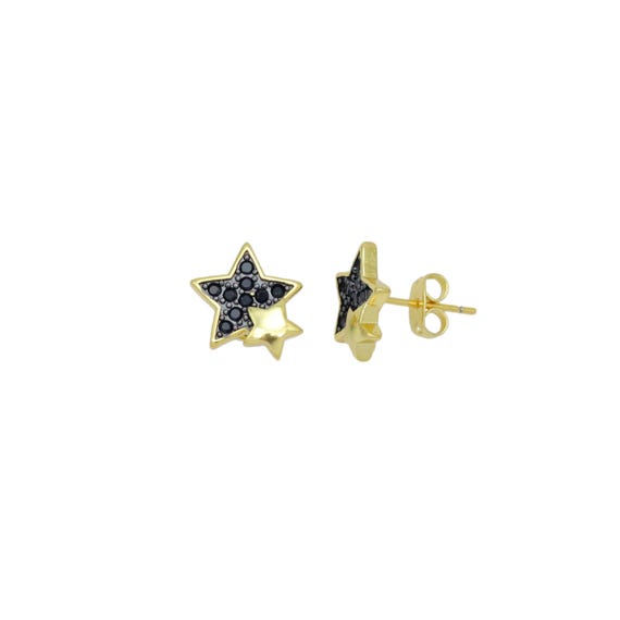 Black Cz Gold Five Star Stud Earrings, Sku#Lk1001