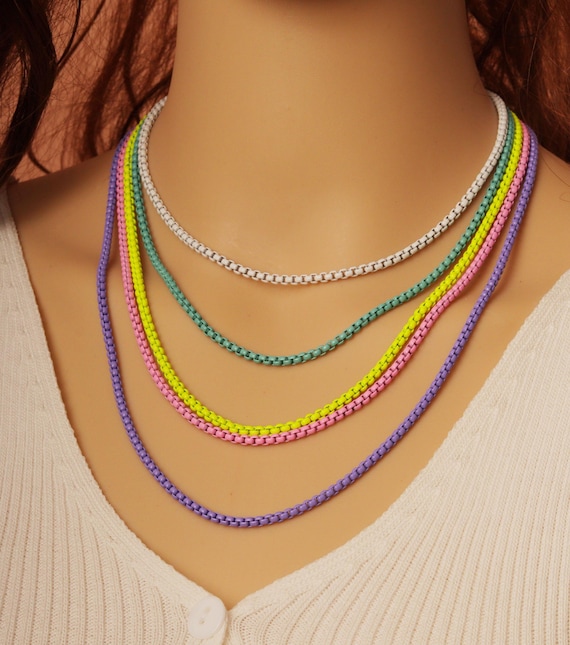 Colorful Multi Layered Enamel Box Chain Necklace, Sku#Ef261