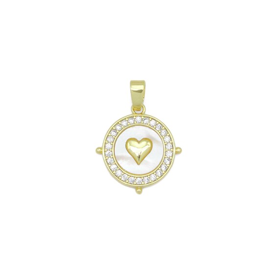 Clear Cz Around Gold Heart On Round Coin Charm Pendant, Sku#Lx758
