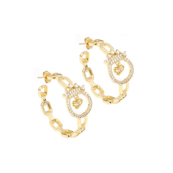 Gold Cz Oval Link Crown Hoop Earrings, Sku#Ld407