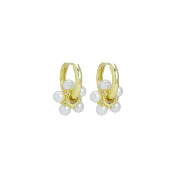 Gold White Pearl Flower Pendant Hoop Earrings, Sku#Lk998
