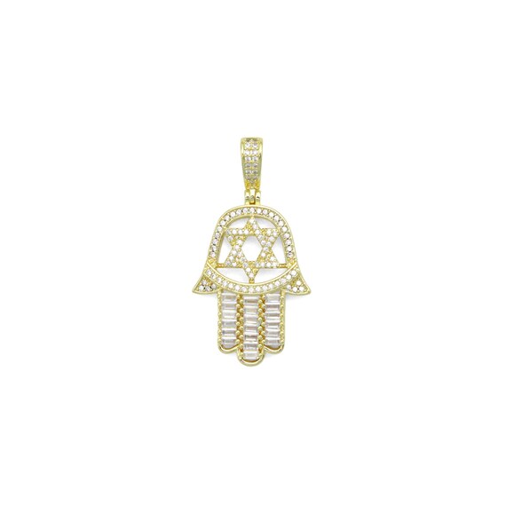 Clear Cz David Star On Hamsa Hand Shape Charm Pendant, Sku#Lk1118