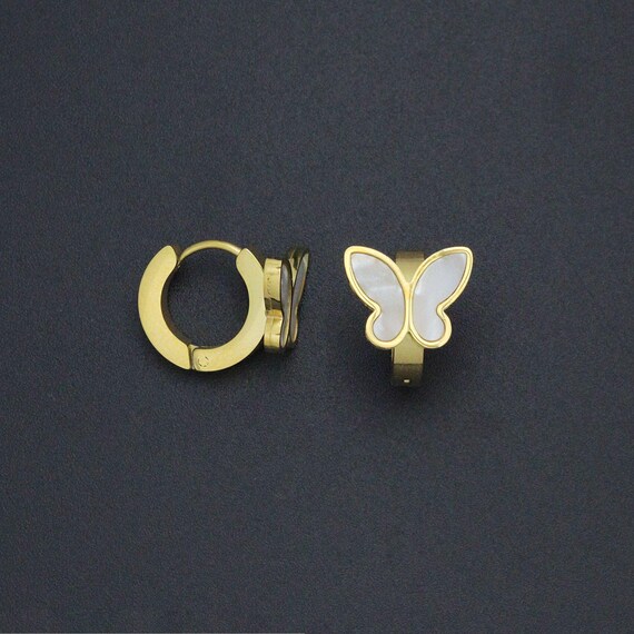 White Mother of Pearl Butterfly Hoop Earrings, Sku#BXG16