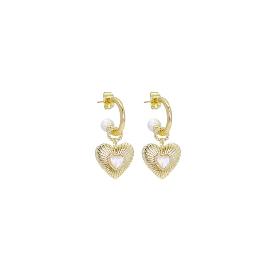 Gold White Pearl Heart  Earrings, Sku#Zx194