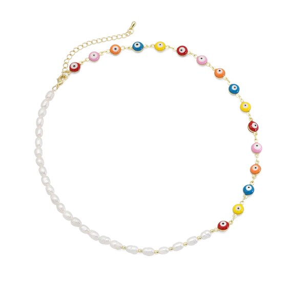 Colorful Enamel Evil Eye Freshwater Pearl  Necklace, Sku#Ef477