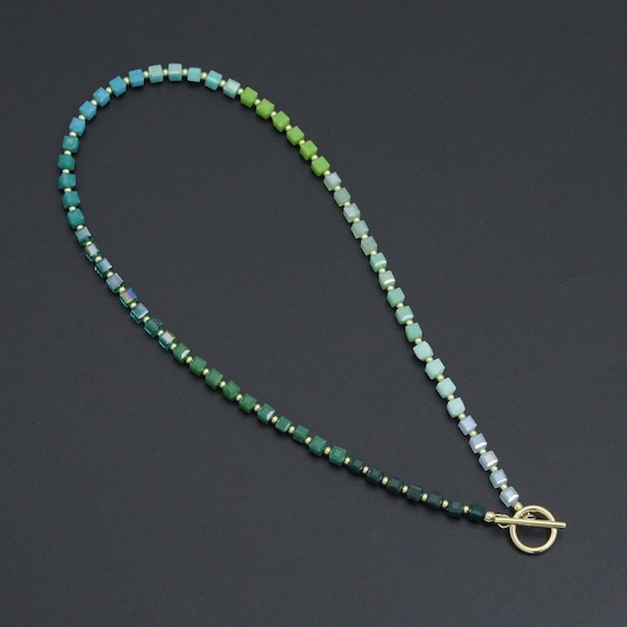 Ombré Green Color Cube Stone Necklace with Toggle clasp , Sku#EF796