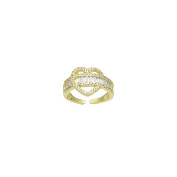 Clear Baguette Cz Gold Heart Statement Adjustable Ring, Sku#Lk1070