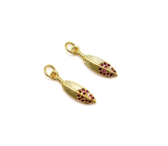 Fuchsia Cz Micro Pave Leaf Shape Pendant, 18K Gold Filled Leaf Charm, Necklace Bracelet Charm Pendant, Sku#Lk499