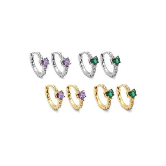 Gold Silver Purple Green Cz Heart Huggie Earrings, Sku#A126