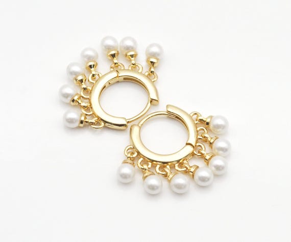 Gold Filled Dangle White Pearl Hoop Earrings, Sku#Ld376