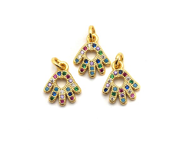 Cz Colorful Micro Pave Hand With Heart Hollow Out Pendant, Hand Shaped Pave Pendant, Gold Plated, 9X11Mm, Sku#F850
