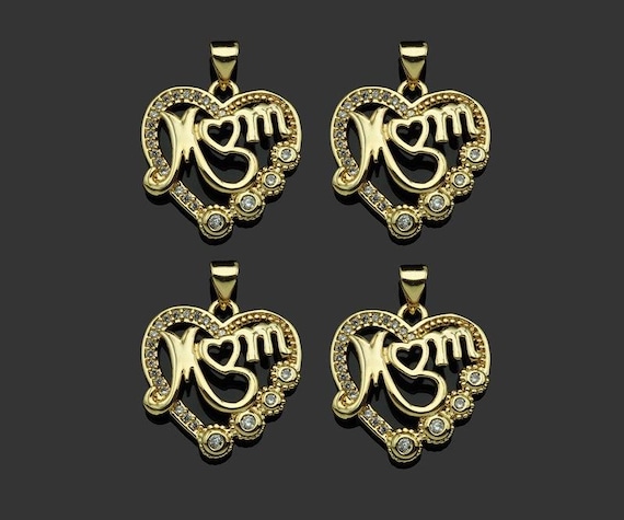 Gold Filled Cz Micro Pave Mom On Heart Shape Pendant, 18K Gold Filled Charm, Mother'S Day Gift, Necklace Bracelet Pendant,19X20Mm,Sku#Ld118