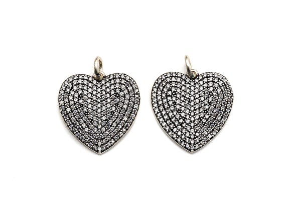 Cz Micro Pave Heart Shape Pendant, Antique Silver Tone, Cubic Zirconia Pave Heart Charm Pendant, 22Mm,Sku#F1024