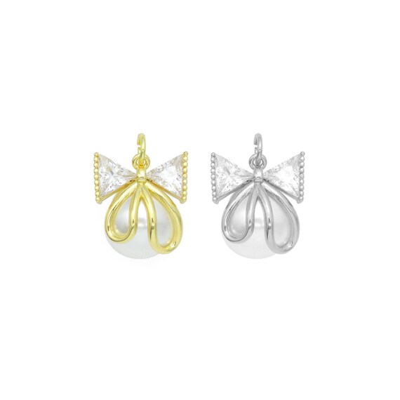 Gold Silver Pearl Bow Charm Pendant, Sku#A460