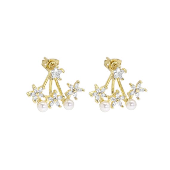 White Pearl Flower Celebration Stud Earrings, Sku#Ld479