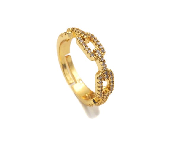 Paper Clip Link Open Ring, Gold Chain Ring, Pave Ring, Statement Ring, Oval Link Ring, Stackable Ring, Sku#Ld52