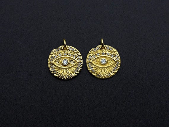 Clear Cz Micro Pave Evil Eye On Disc Pendant|Charm, Embossment Brass Lucky Eye Cubic Zirconia Pendant, Gold Tone, 15Mm,Sku#Z765